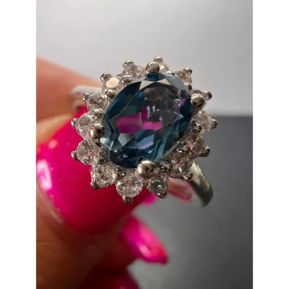 London blue topaz halo ring in platinum over sterling silver. ctw 1.40 size 5 - Picture 8 of 11